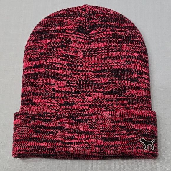 PINK Victoria's Secret Y2K Beanie Hat Heathered Pink Black Winter Hat Grundge - Picture 1 of 5